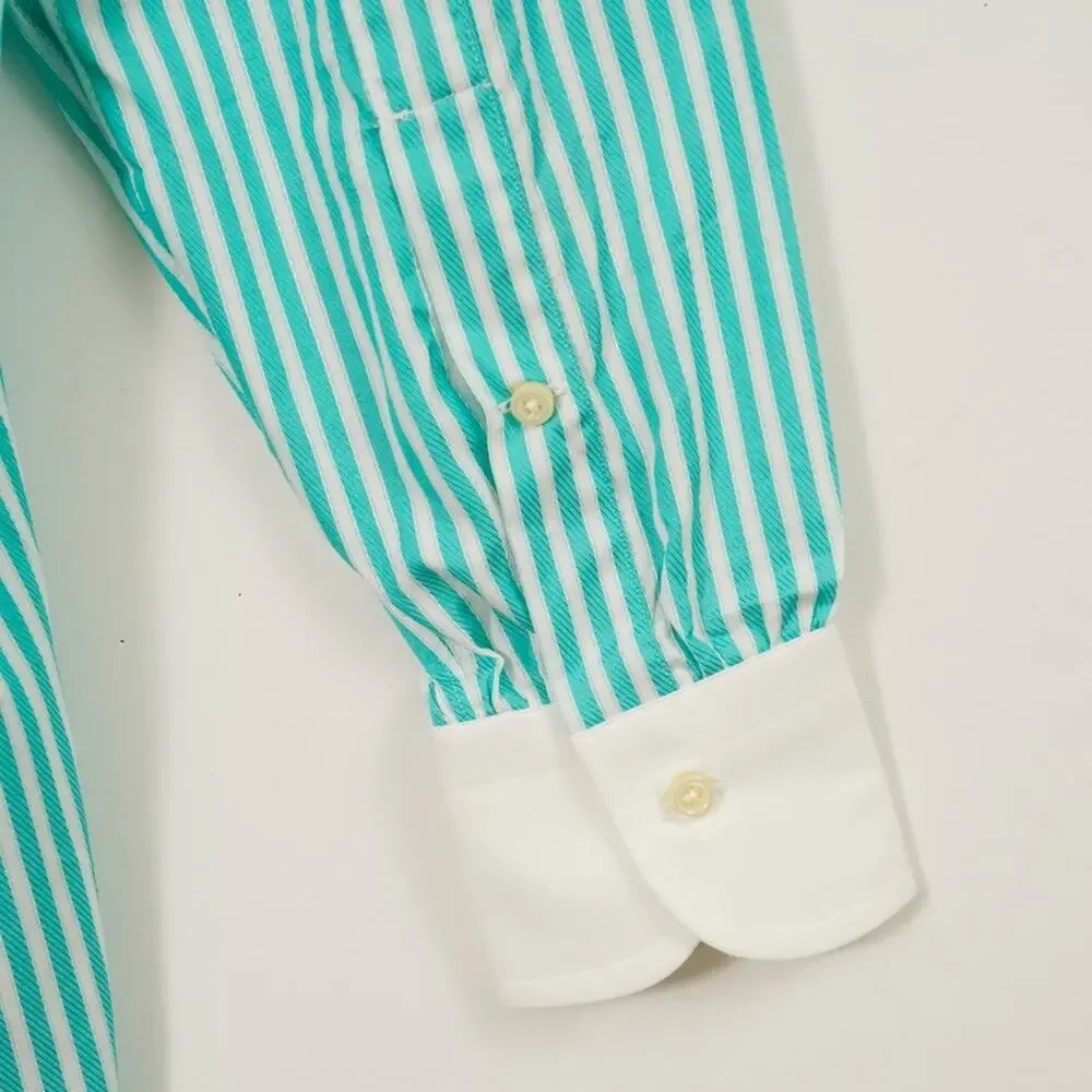 J.Press Button Up Shirt Green white stripe Collared Long Sleeve Japan Made M
